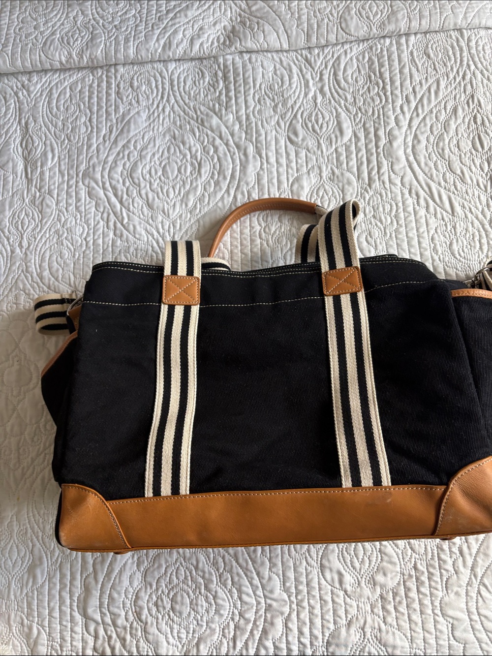 Classic Black Canvas and Tan Leather Travel Tote - Picture 4 of 16